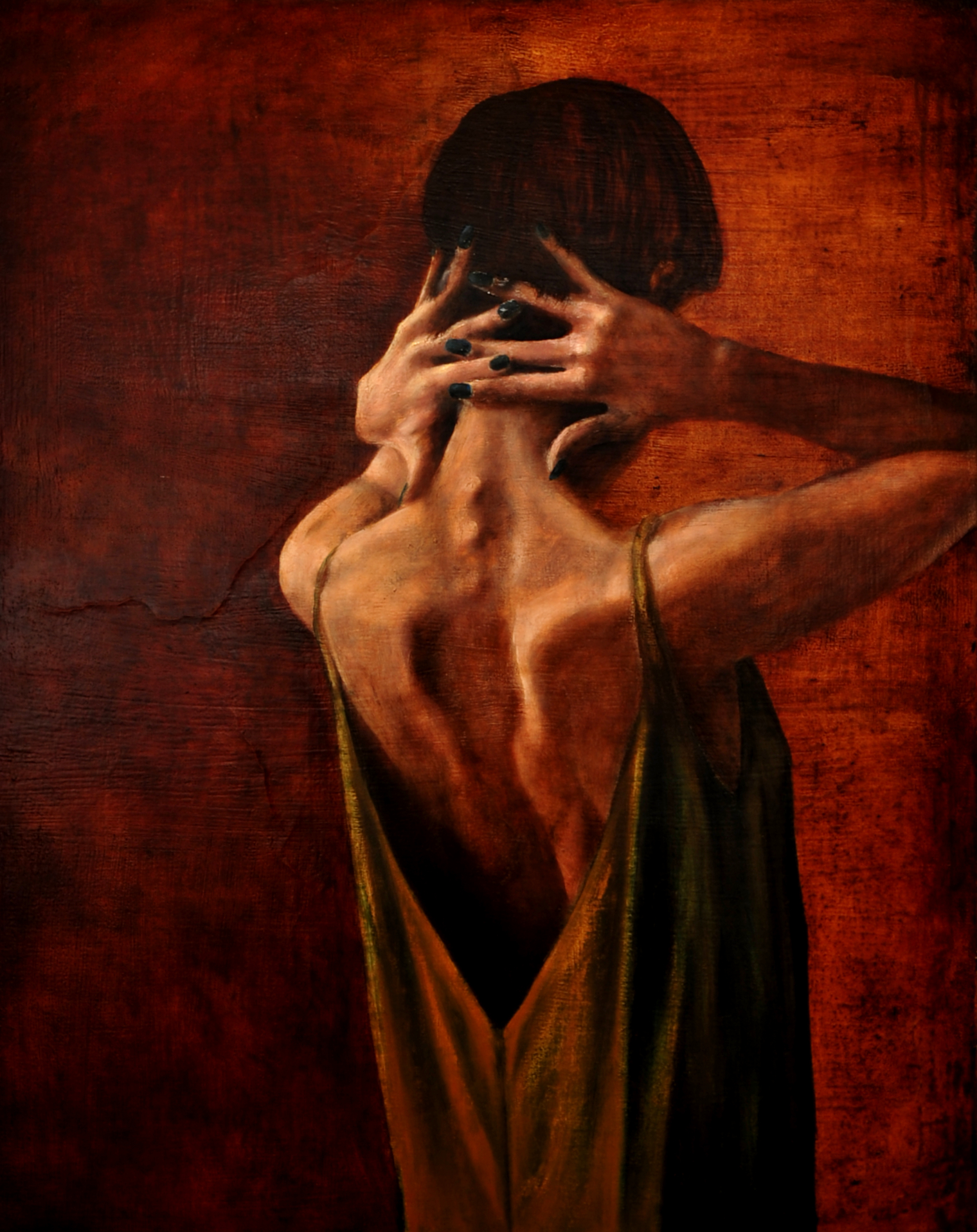Gemälde der iranischen Revolution gewidmet. Eine Frau steht mit Kurzhaarschnitt mit dem Rücken zum Betrachter und hat die Hände am Nacken verschränkt.