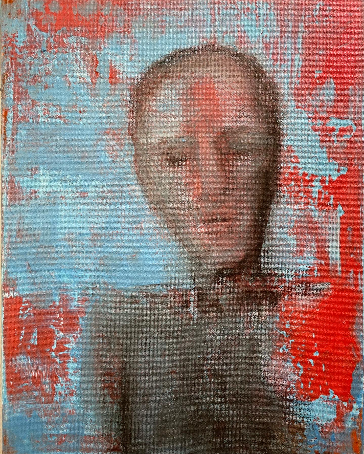 Gemälde eines Mannes in Blau  und Rot, Schlafend en face gerakelt.