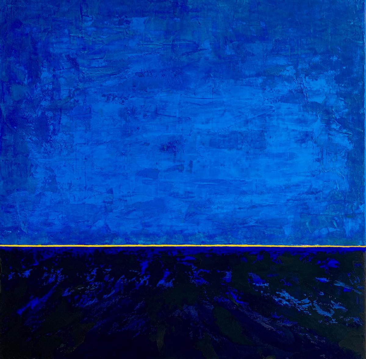 Gemälde mit abstrakter Malerei mit Gelb und Blau - ähnlich einer Landschaft mit Meer vor einem Sonnenaufgang ausgestellt auf der Discovery art fair 2024