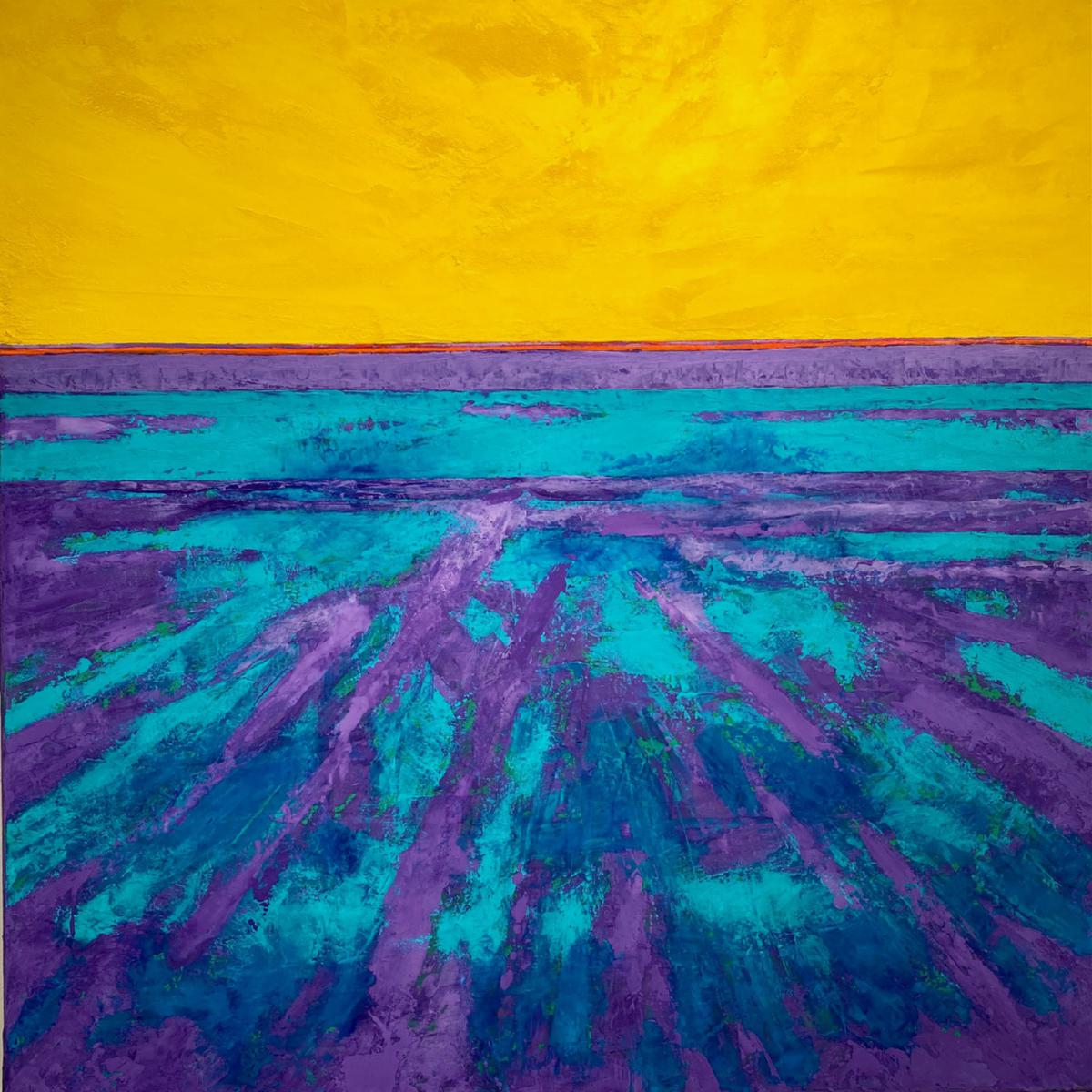 Gemälde mit abstrakter Malerei mit Gelb, Türkis und Violett - ähnlich einer Landschaft mit Lavendelfeldern im Sommer ausgestellt auf der Discovery Art Fair 2024