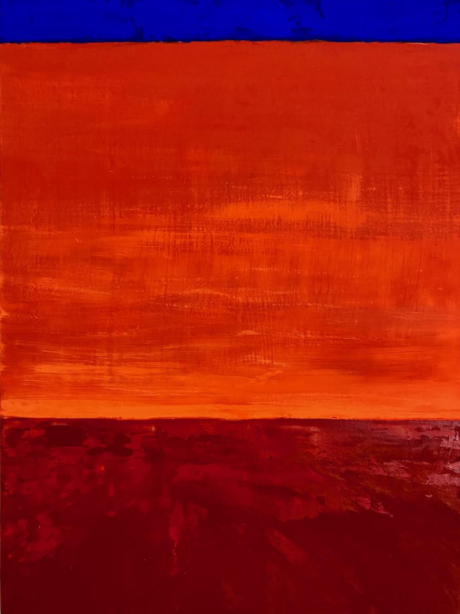 Gemälde Abstrakte Malerei mit Orange, Rot und Ultramarin - ähnlich einer Landschaft bei Sonnenuntergang