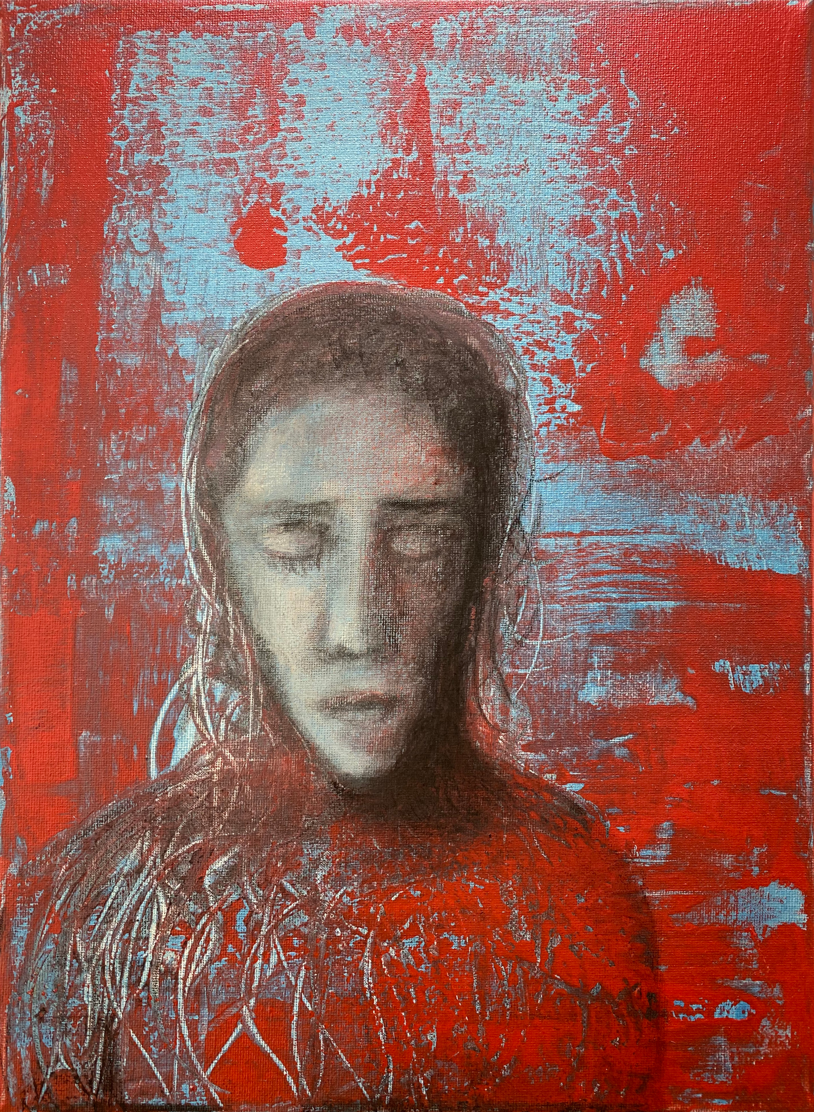 Bildnis eines jungen Mannes in Rot und Blau, gerakelt